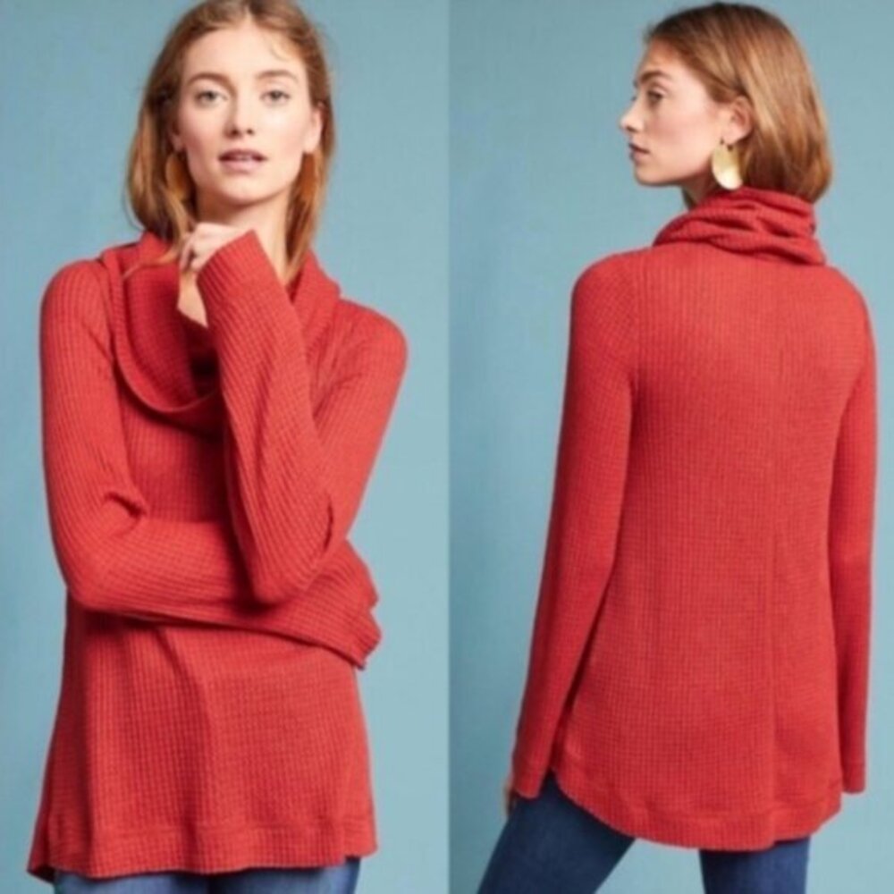 Anthropologie Meadow Rue Rust Waffle Knit Cowl Neck Tunic Sweater‎ Size XS